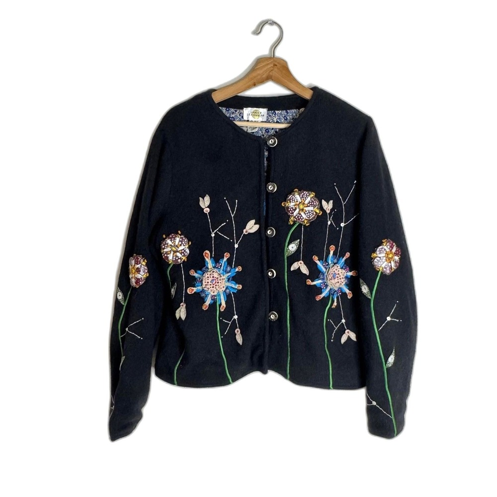 Sandy Starkman Sweater Womens‎ L Black Floral Embroidered Cardigan Wool Boho 90s